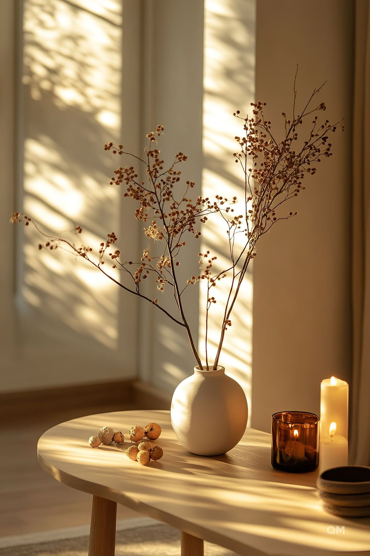 Dried branches in a ceramic vase on a sunlit table