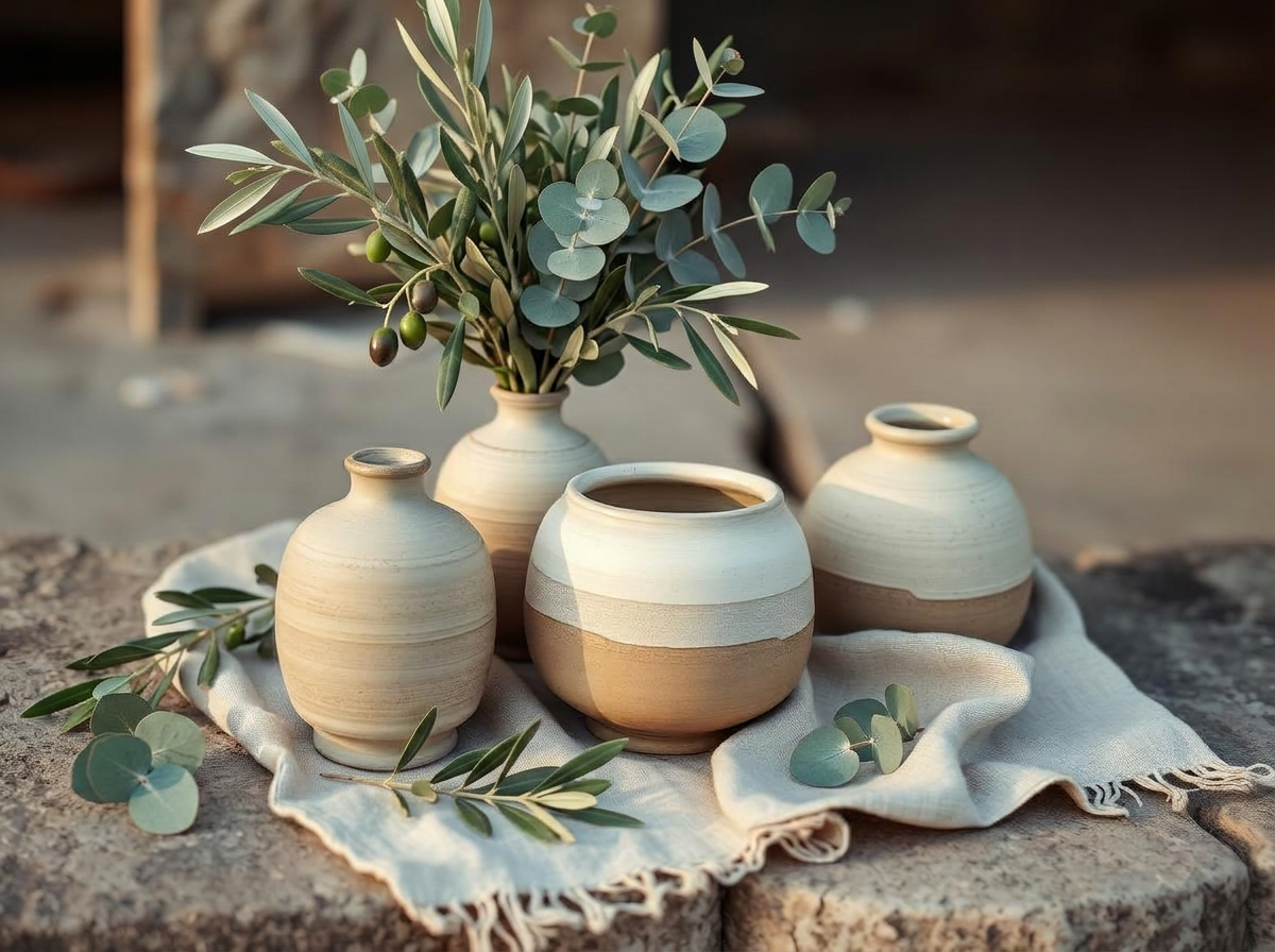 Ceramic vessels and olive branches in warm light